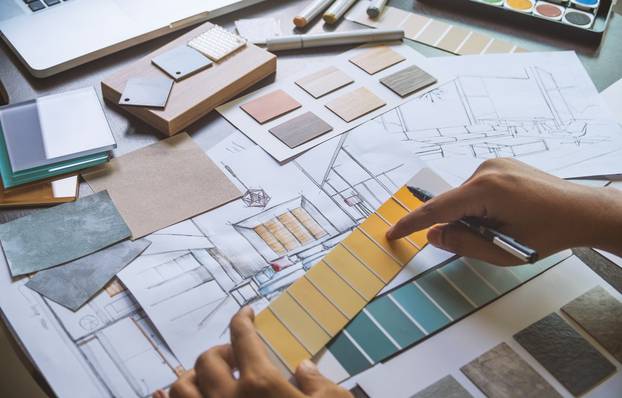Architect,Designer,Interior,Creative,Working,Hand,Drawing,Sketch,Plan,Blueprint