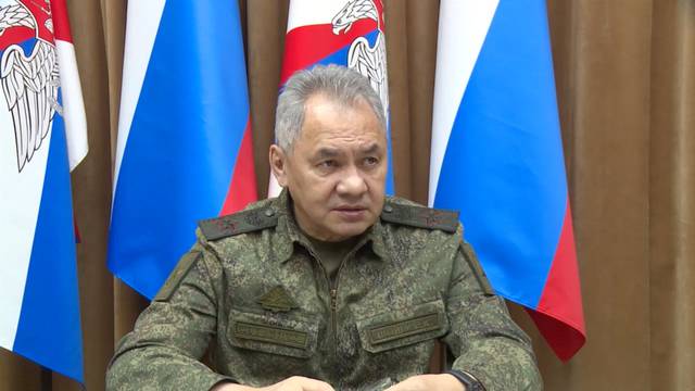 Russian Defence Minister Sergei Shoigu attends a meeting with officials of the Defence Ministry in an unknown location