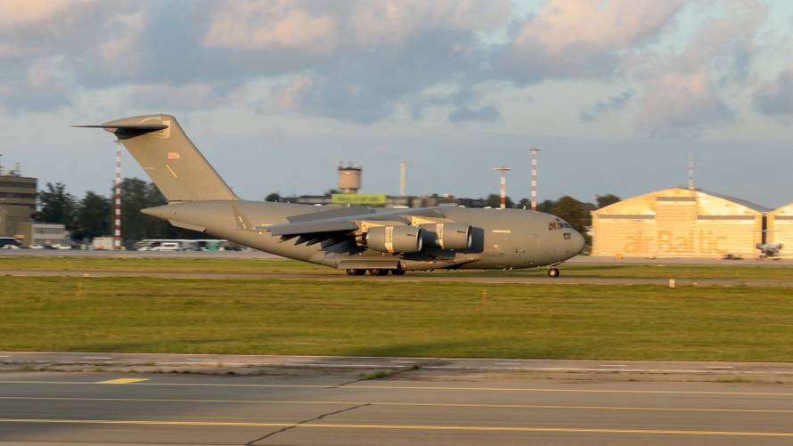 A C-17 Globemaster, believed to be carrying U.S. CIA Director John Ratcliffe, lands near Riga, Latvia