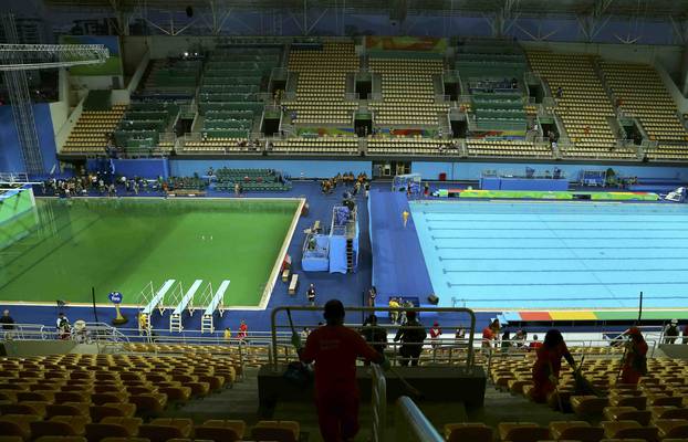 General view of Olympic diving pool and pool for waterpolo and synchronized swimming at the Maria Lenk Aquatics Centre in Rio