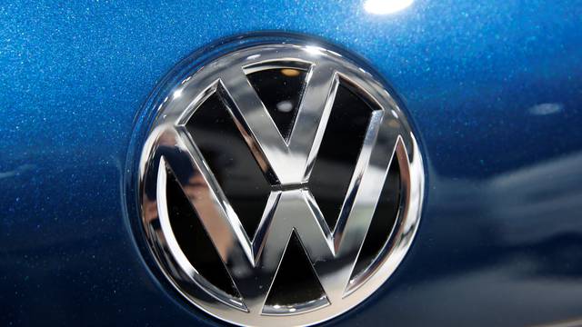 A Volkswagen logo is pictured during the Volkswagen Group's annual general meeting in Berlin