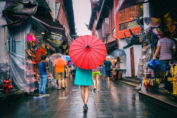 People,Woman,Walking,In,Chinatown,Shopping,Street.,Rainy,Day,Girl