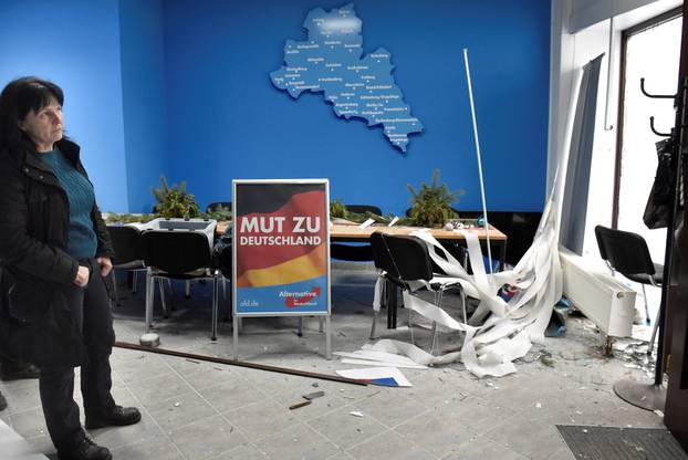 AfD far-right party office after it was hit by an explosion in Doebeln