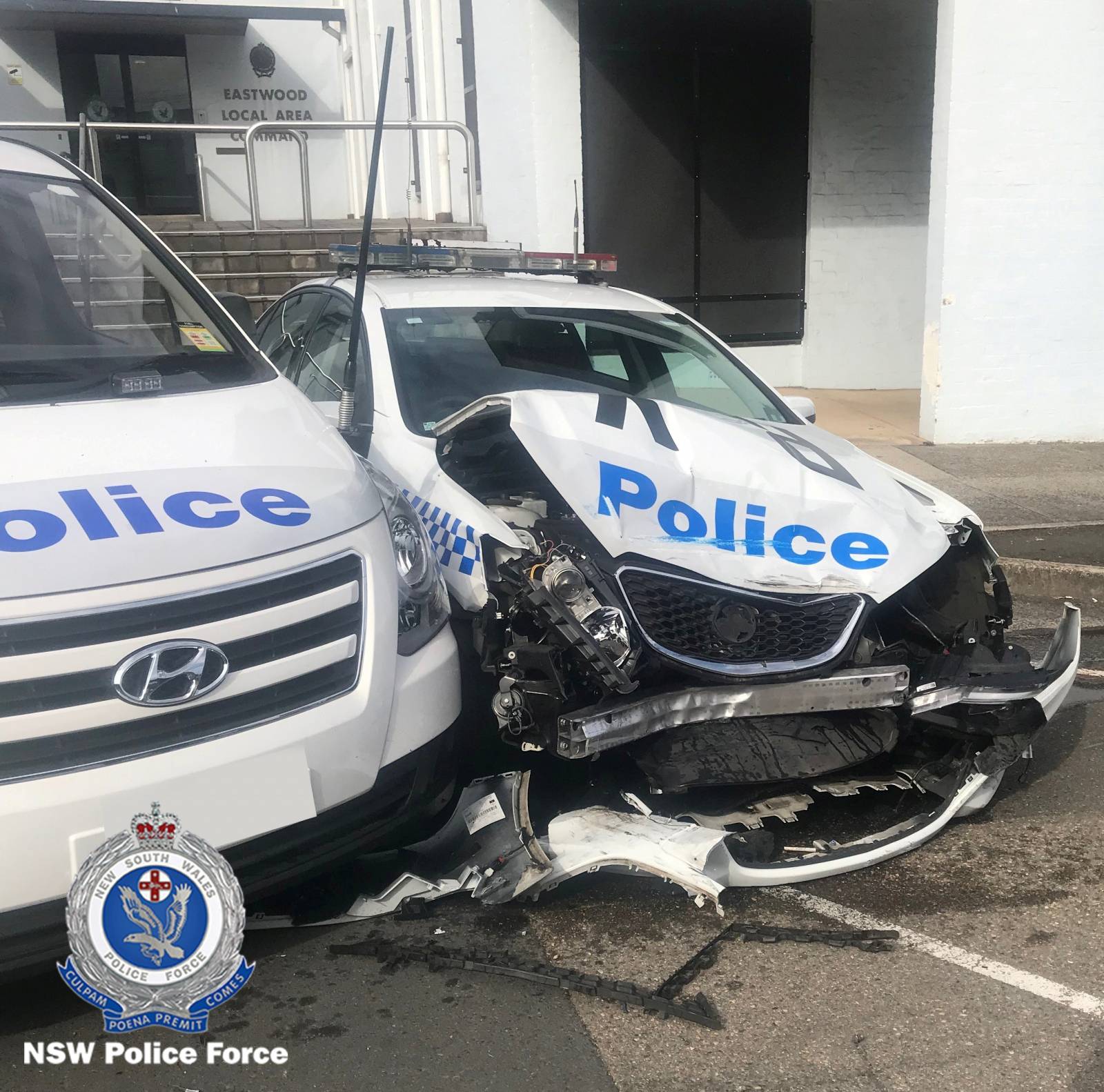 The wreckage of a police patrol car after it was hit by a van laden with methamphetamines outside a police station in Eastwood