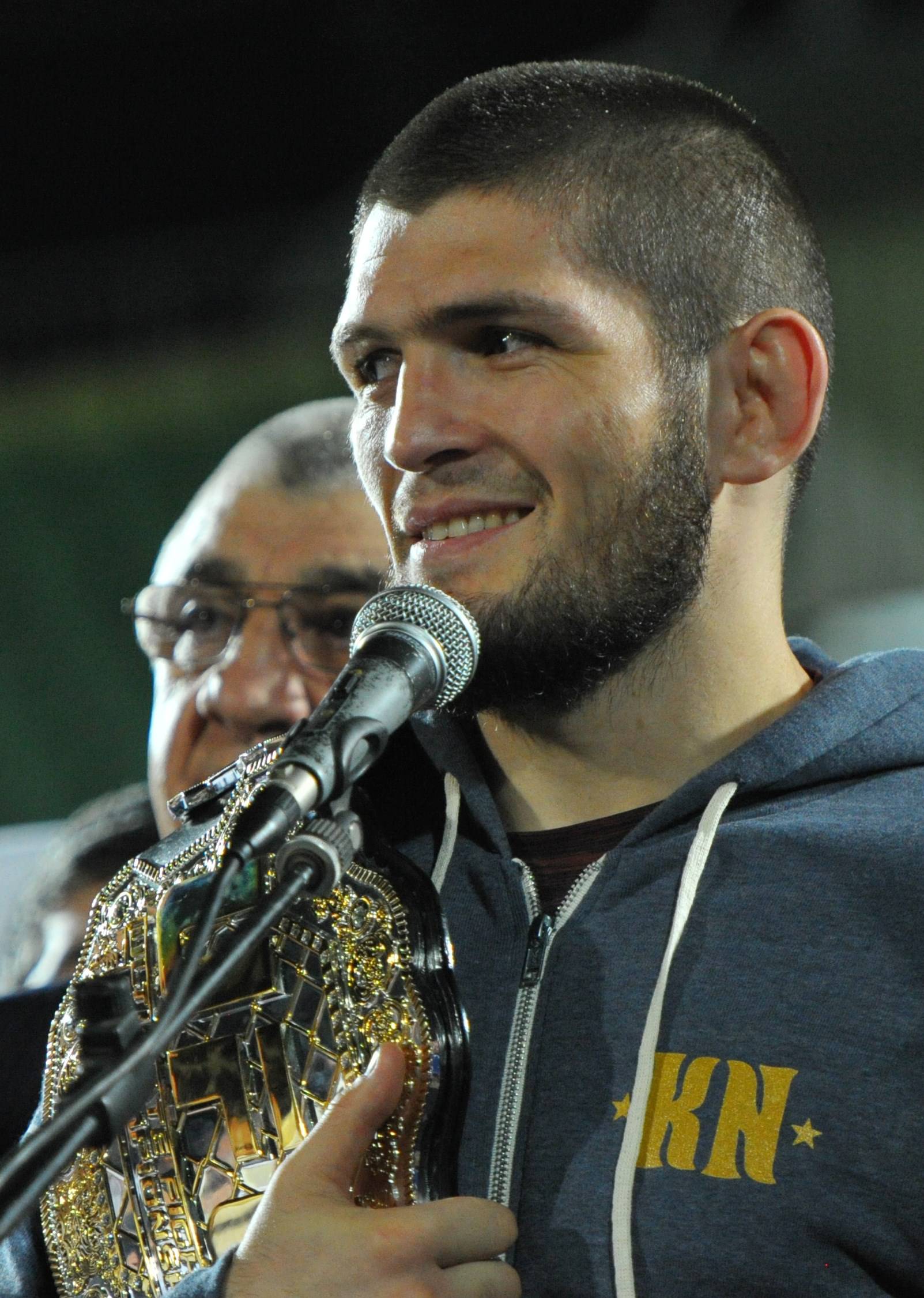 Russia's Nurmagomedov, UFC lightweight champion who defeated McGregor of Ireland in the main event of UFC 229, attends the ceremony of honouring him at Anzhi Arena in Kaspiysk