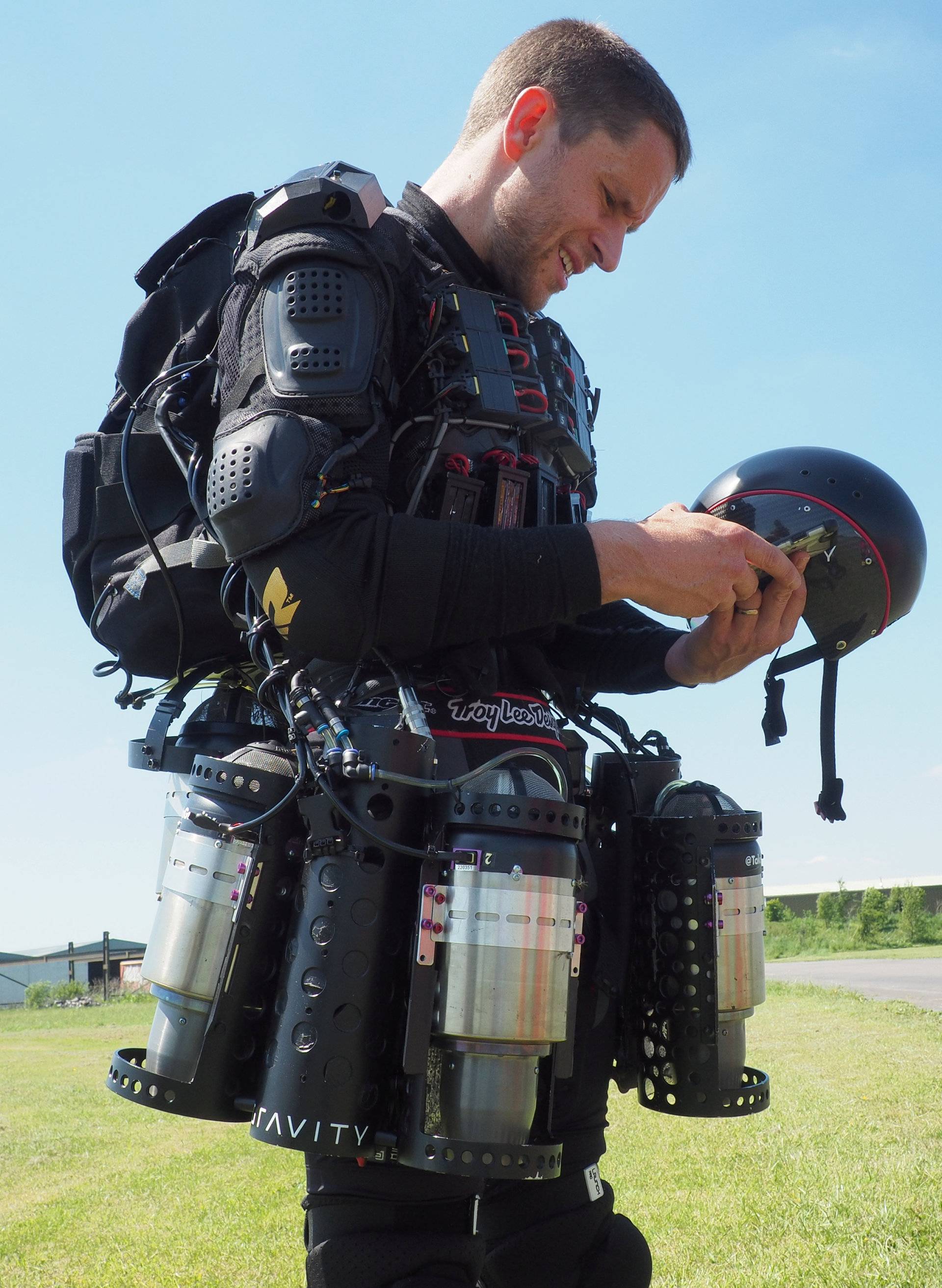 Inventor Richard Browning of technology startup Gravity wears his ÃDaedalusÃ jet suit after flight tests at Henstridge airfield in Somerset
