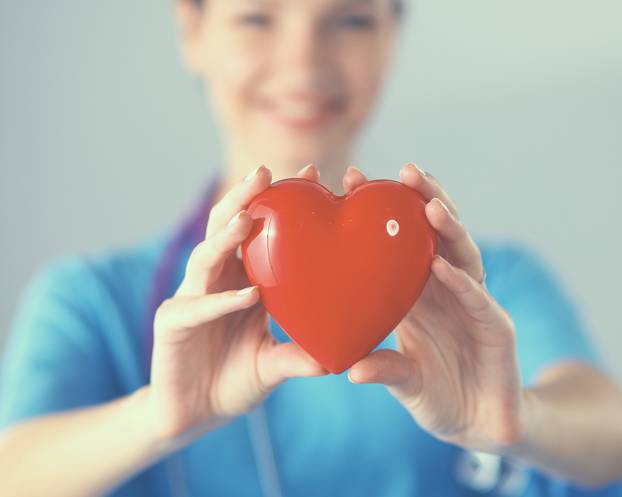 Young woman doctor holding a red heart, standing on gray background