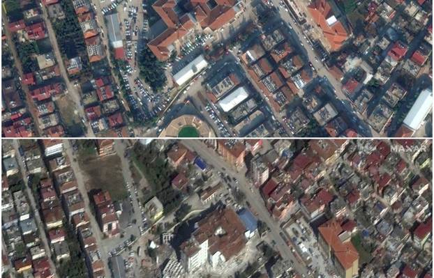 A combination of satellite images shows the area before and after an earthquake in Antakya