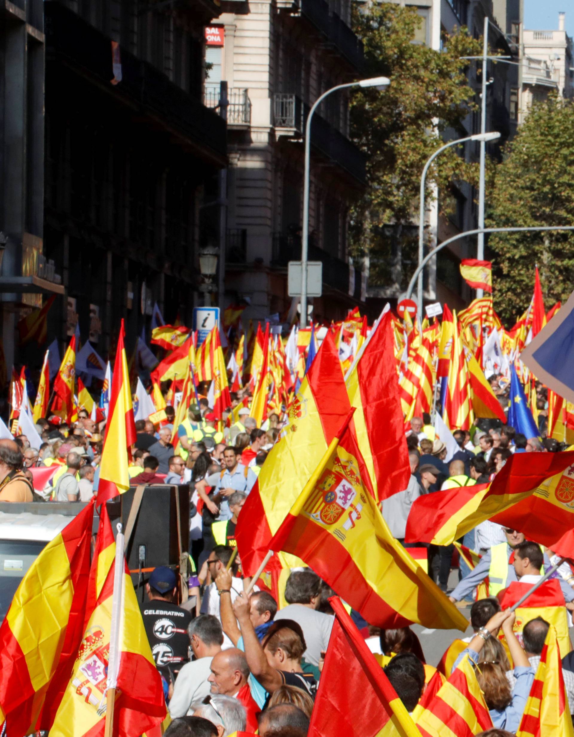 An EU flag hangs above a pro-union demonstration organised by the Catalan Civil Society organisation in Barcelona