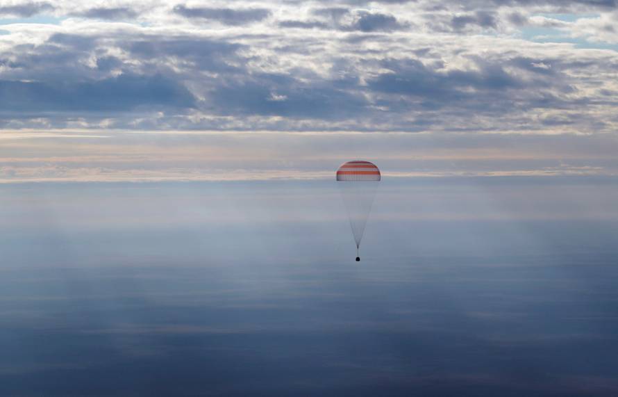 Russian Soyuz MS space capsule carrying ISS crew members Rubins of U.S., Ivanishin of Russia and Onishi of Japan descends near Dzhezkazgan