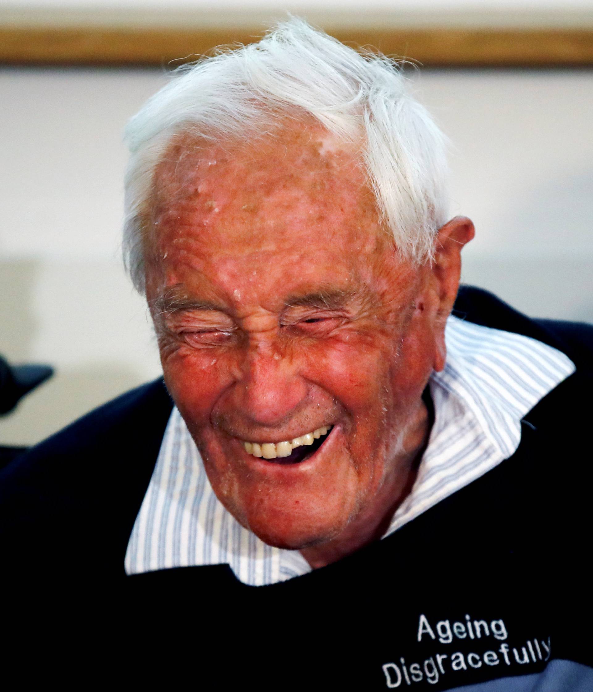 David Goodall reacts during a news a conference a day before he intends to take his own life in assisted suicide, in Basel