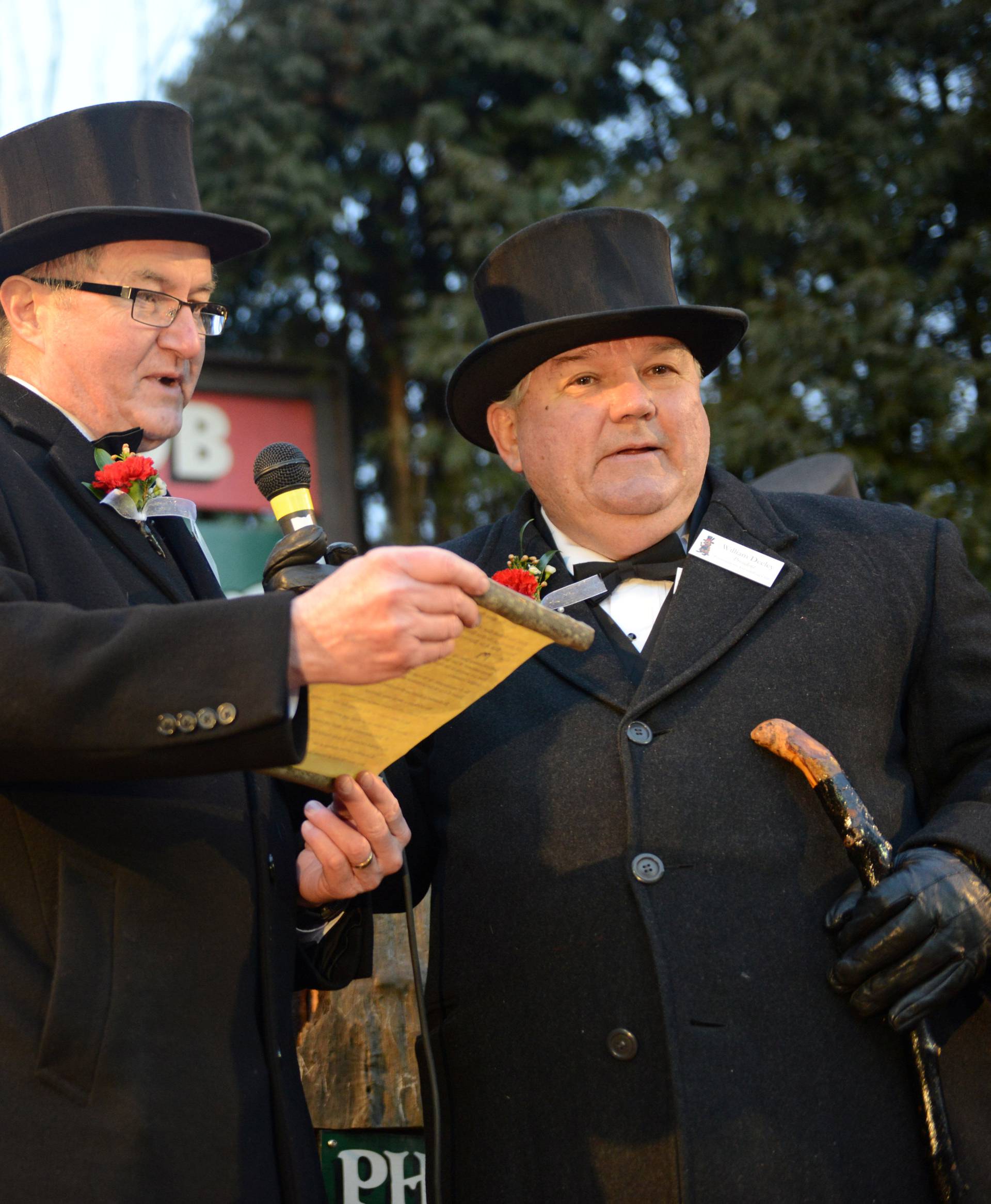 Inner Circle member Jeff Lundy reads Phil's forecast on Groundhog Day in Punxsutawney