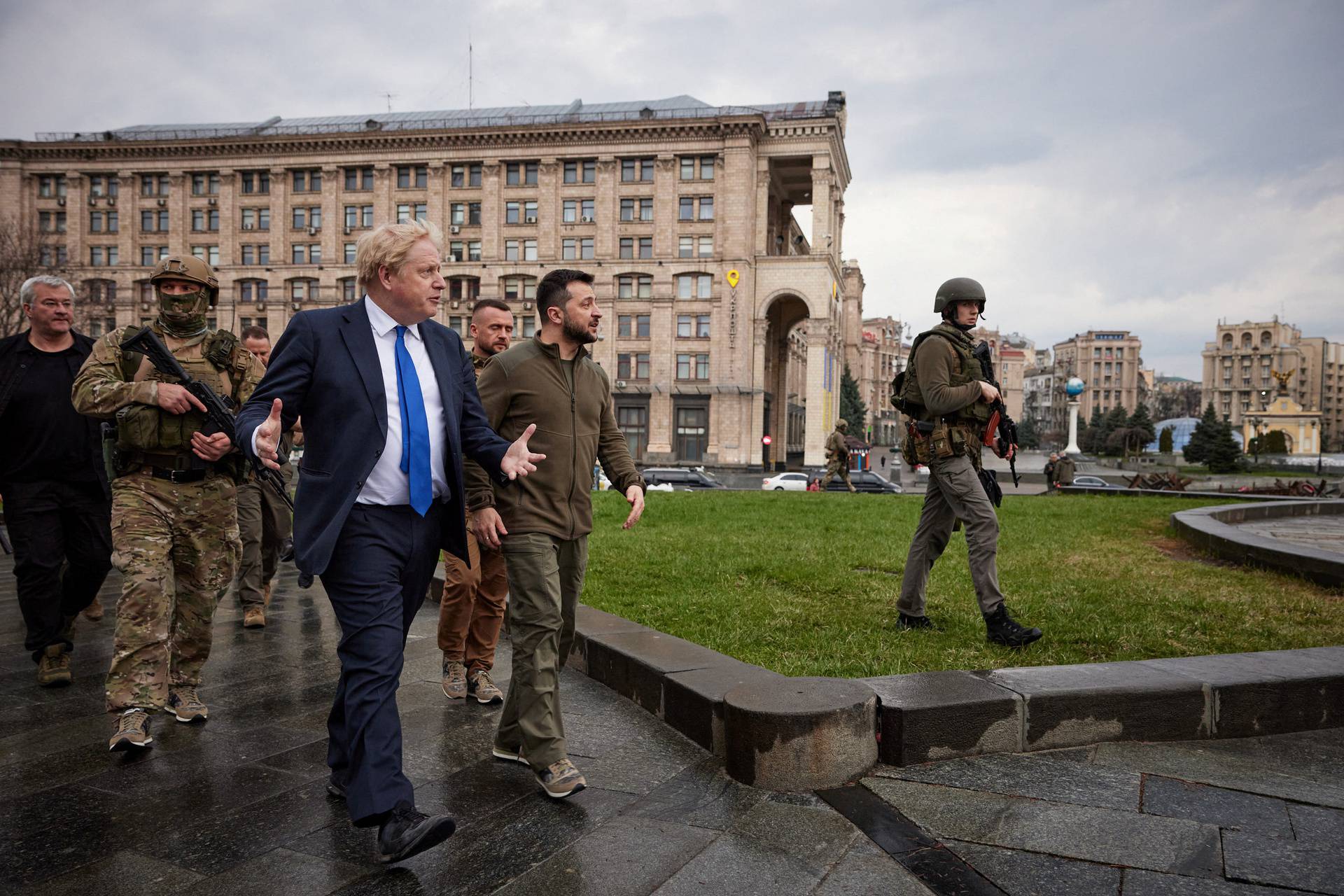 Ukraine's President Zelenskiy welcomes British PM Johnson walk in central Kyiv