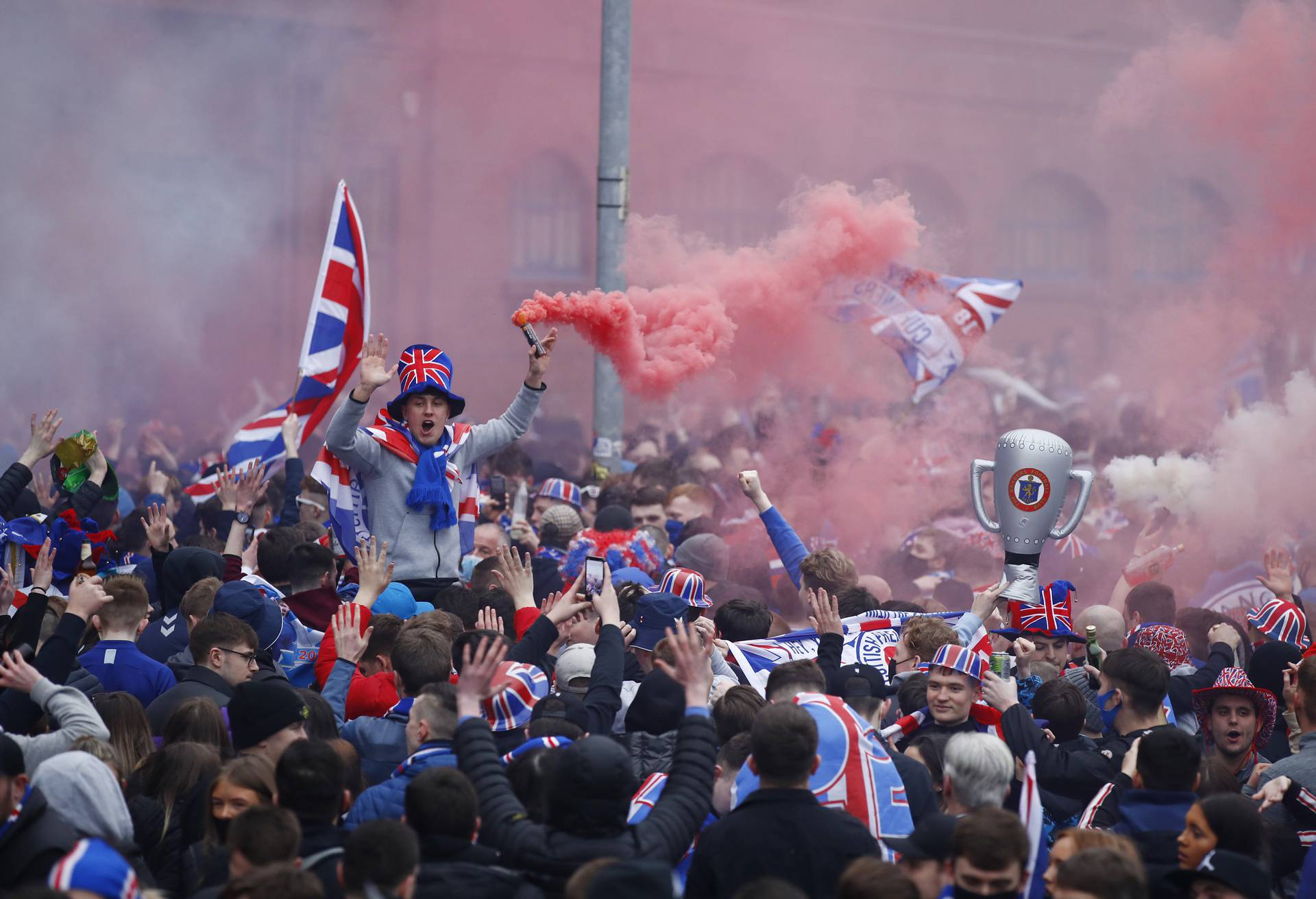 Rangers fans celebrate winning the Scottish Premiership Title