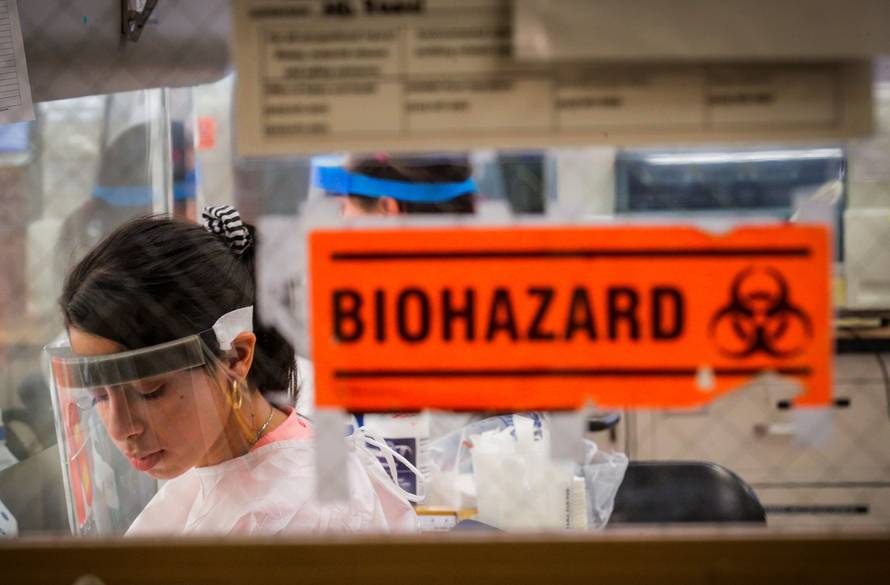 Scientists work in a lab testing COVID-19 samples at New York City's health department, during the outbreak of the coronavirus disease (COVID-19) in New York