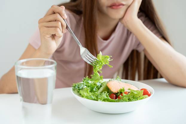 slim body asian women very bored diet food, dieting female choos