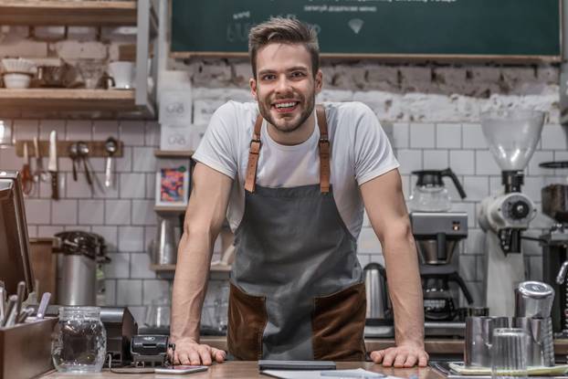 Small,Business,Concept.,Happy,Male,Coffee,Shop,Owner,Standing,Behind