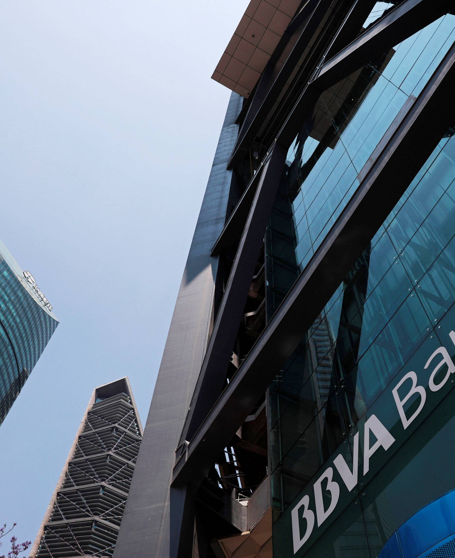 The logo of BBVA is pictured after people were evacuated from the Mexican headquarters, in Mexico City