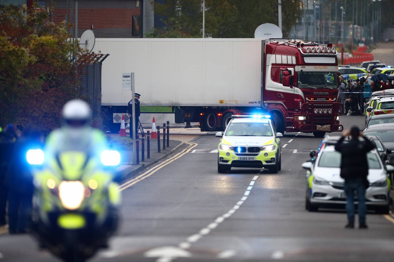 The scene where bodies were discovered in a lorry container, in Grays, Essex