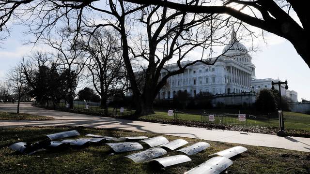 FILE PHOTO: U.S. National Guard riot shields are laid out at the ready outside the U.S. Capitol Building