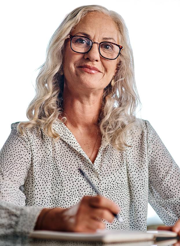 Mature woman, writing and portrait with notebook for planning, schedule and task reminder in office. Receptionist, face and smile with book for business report, administration and time management