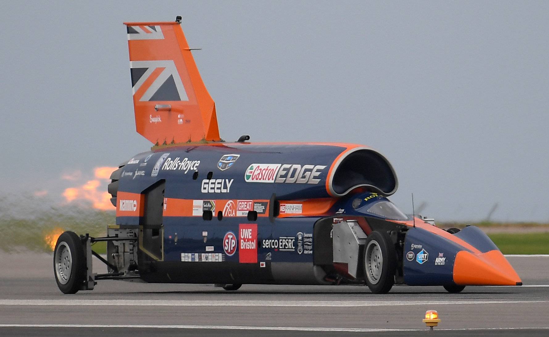 The Bloodhound SuperSonic Car, which is attempting to break the 1,000mph barrier in 2019, does its first public test run at Newquay airport, Newquay