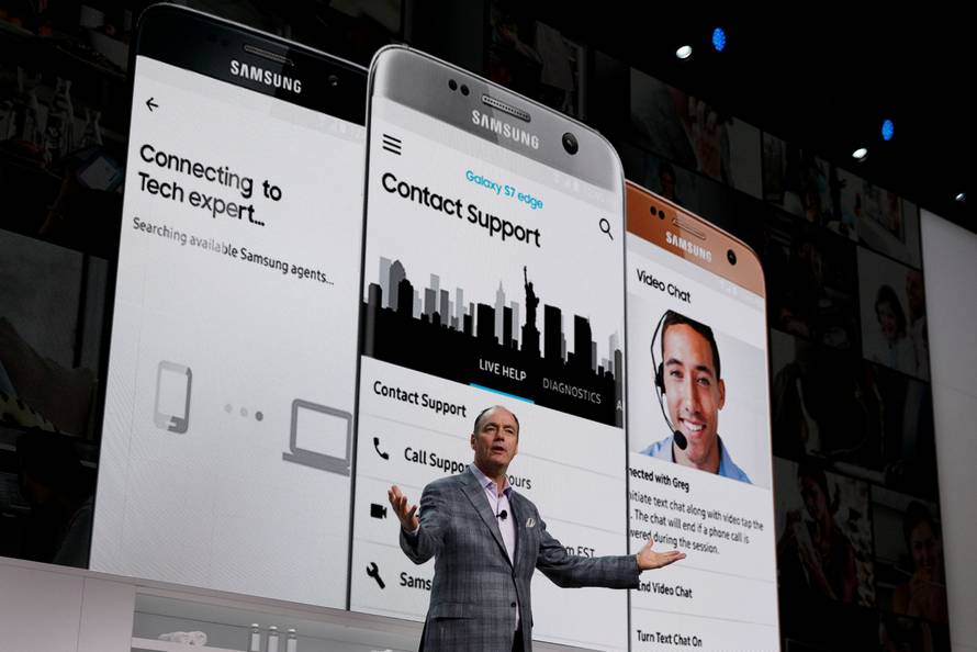 Tim Baxter, president and COO of Samsung Electronics America, speaks during a Samsung Electronics news conference at the 2017 CES in Las Vegas