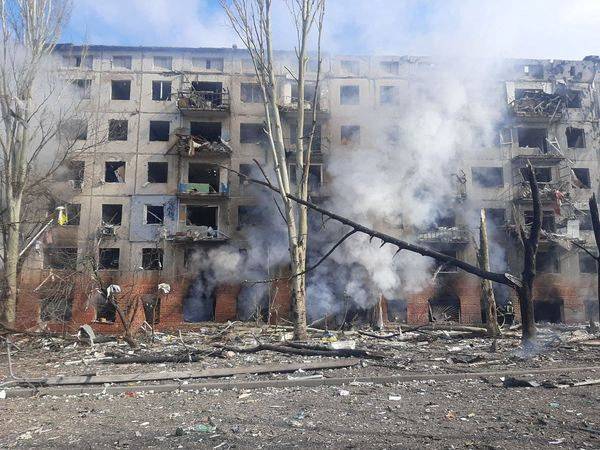 A view shows a building damaged by an airstrike in Kramatorsk