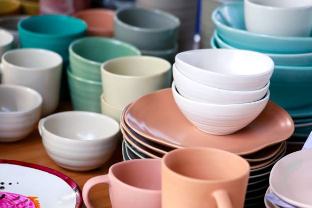 Close up of empty ceramic bowls and plates