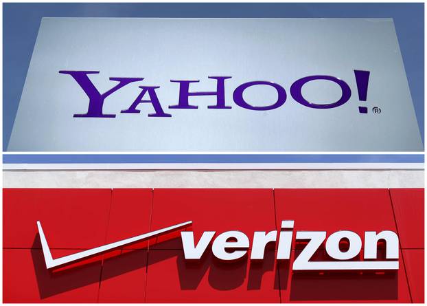 A combination photo of Yahoo logo in Rolle Switzerland and a Verizon sign in San Diego California