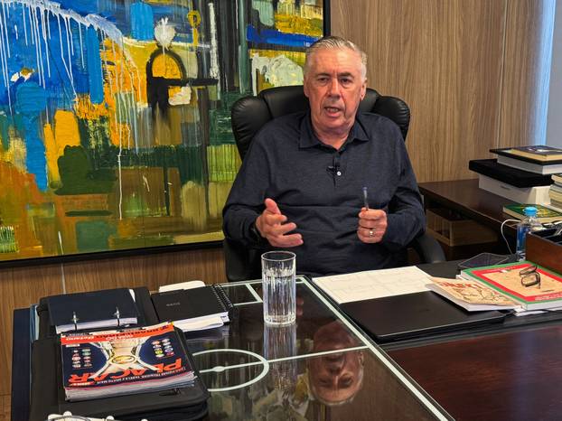 Brazil head coach Carlo Ancelotti speaks during an interview with Reuters