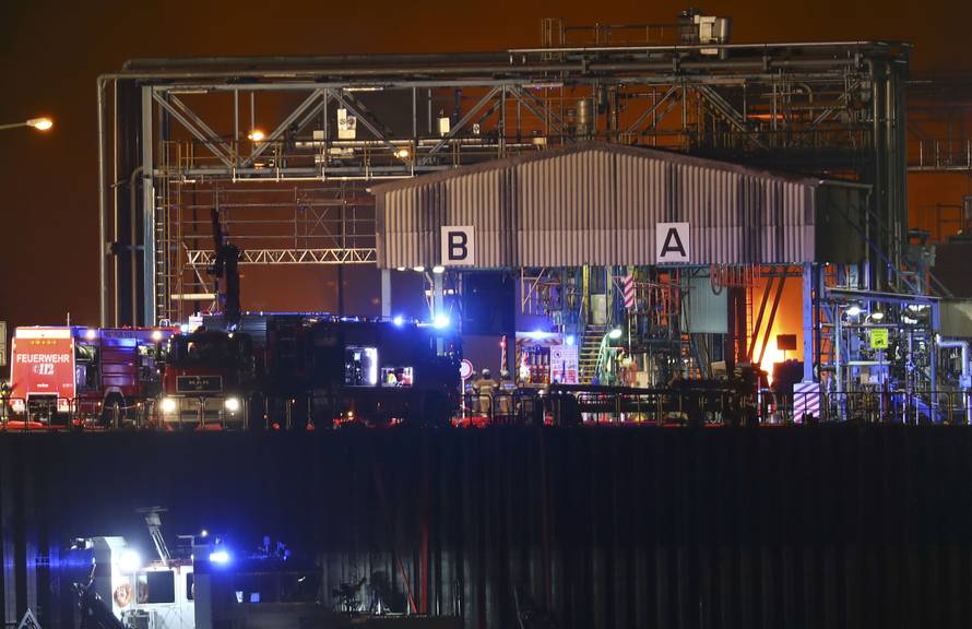 Fire engines secure the perimeter at the factory of chemicals giant BASF in Ludwigshafen