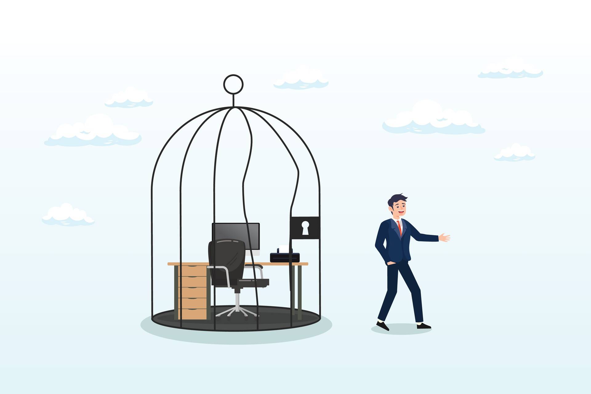 Confidence,Businessman,Break,Free,From,Toxic,Working,Desk,Bird,Cage,