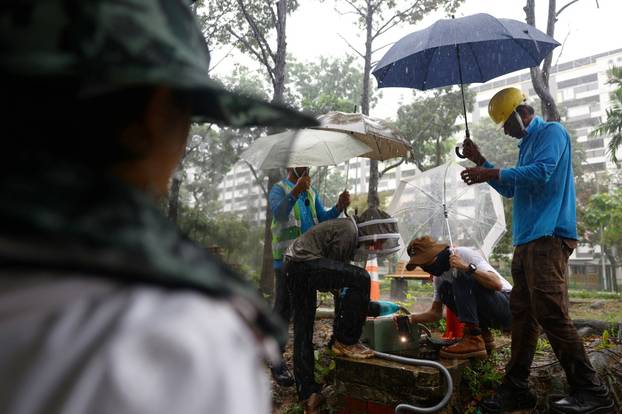 Bee rescuers Clarence Chua and Jian Ping inspect a fire hydrant pit to remove a bee nest in the rain in Singapore