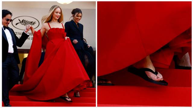 Udobnost prije svega: Jennifer Lawrence se na crvenom tepihu pojavila u haljini i japankama