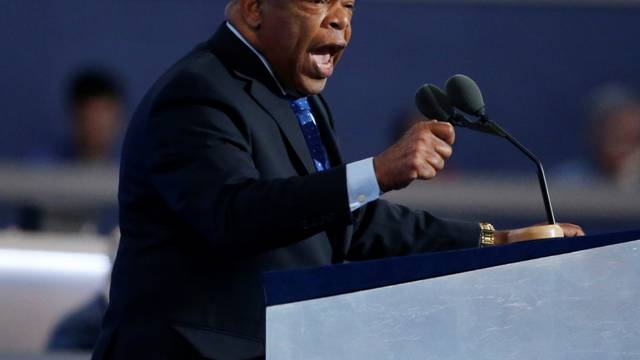 FILE PHOTO:  Rep. John Lewis gestures as he nominates Hillary Clinton at the Democratic National Convention in Philadelphia, Pennsylvania