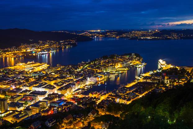 White Night of Bergen from view point Floyen, panoramic view, Bergen, Norway at sunset.