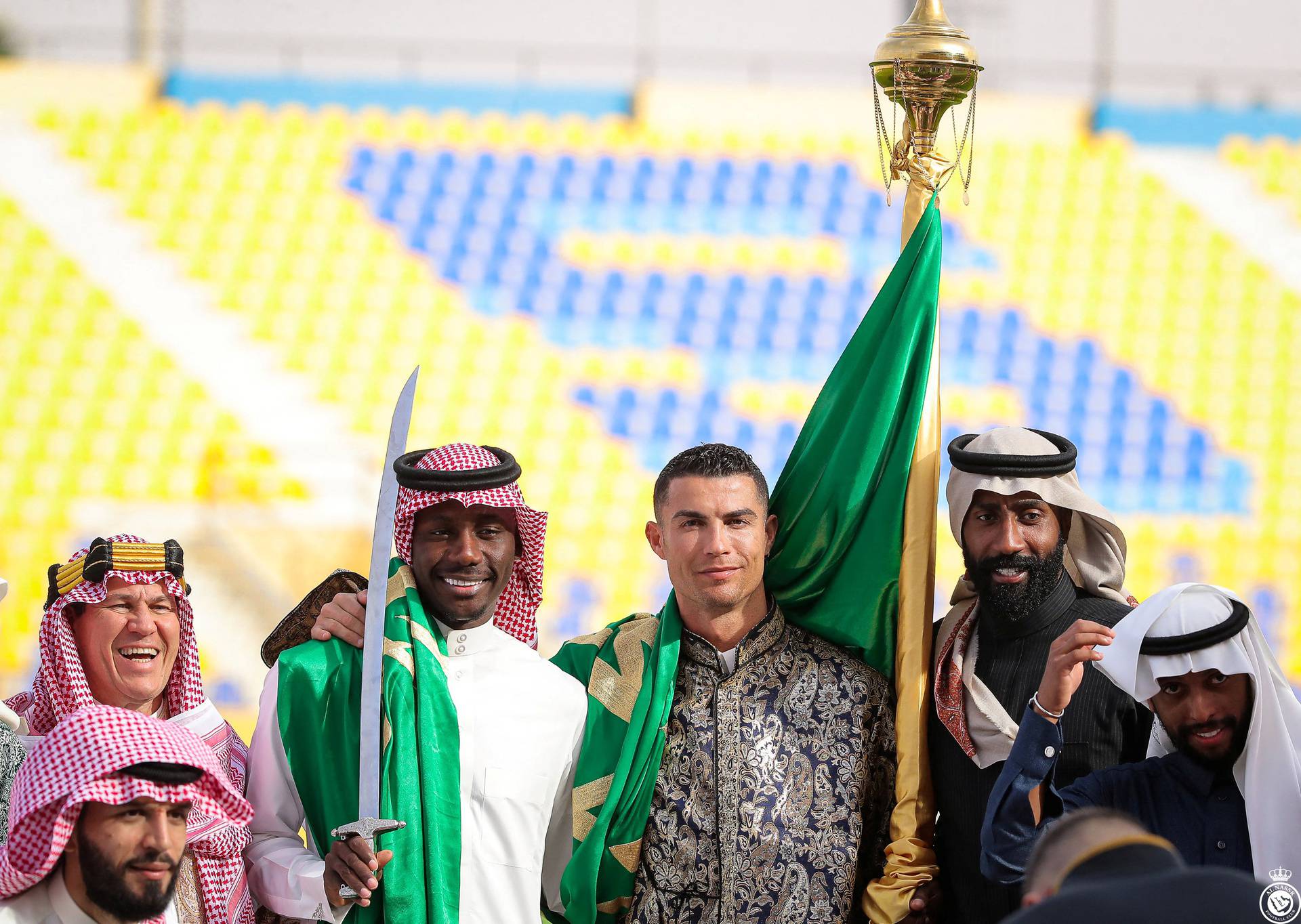 Al-Nassr's Cristiano Ronaldo celebrates Saudi Arabia's Founding Day wearing local traditional clothes at Al-Nassr Football Club in Riyadh, Saudi Arabia