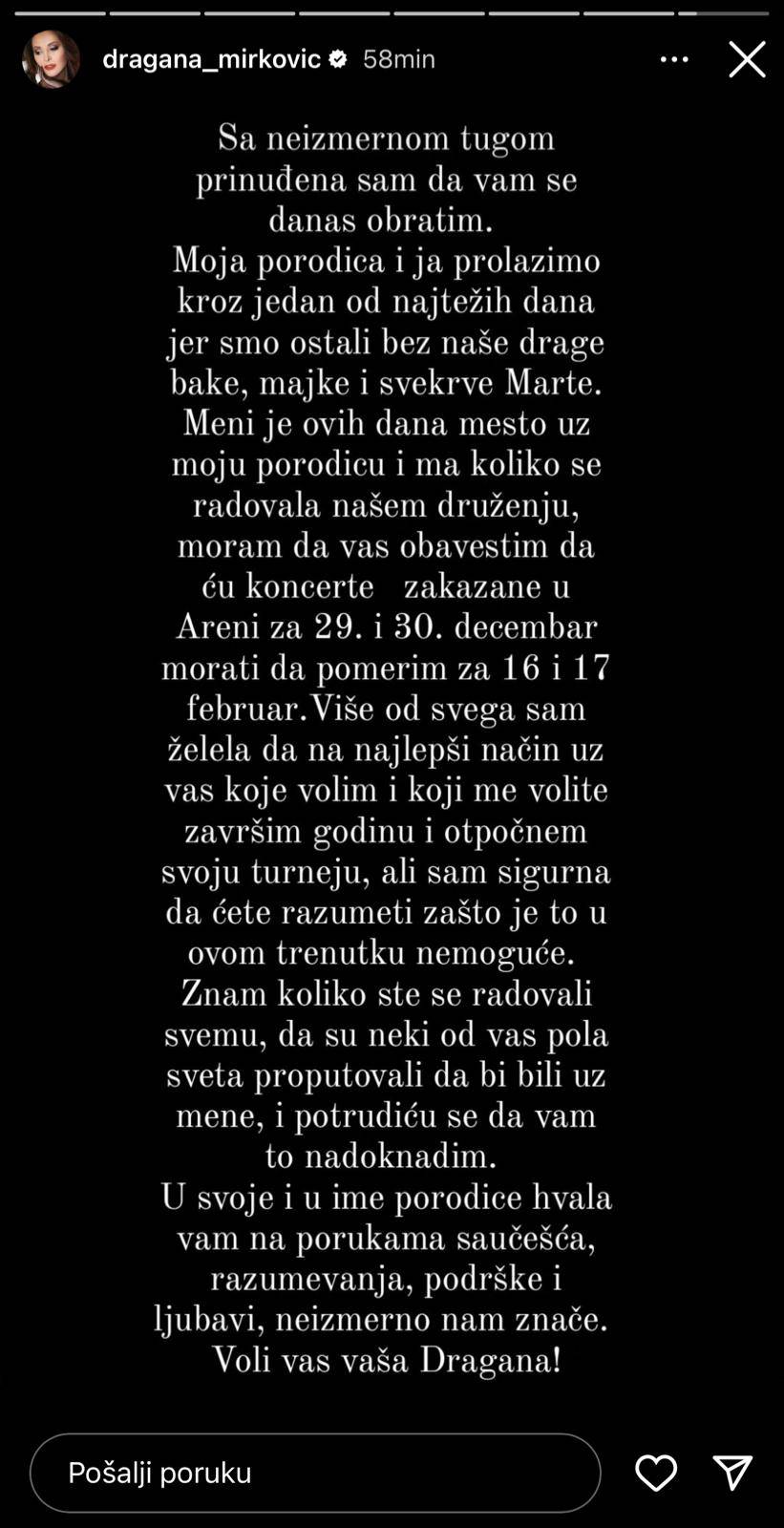 Dragana Mirković ostala je bez člana obitelji: 'Jedan od težih dana. Moram odgoditi Arenu'