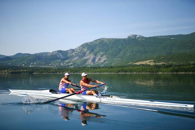 Croatia rowers Martin Sinkovic and Valent Sinkovic are seen during rowing practice at Peruca Lake for the Tokyo 2020 Olympics near Sinj