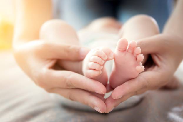 Happy relationship in family concept : Newborn baby feet in mother hands. Parent holding tiny feet of newborn baby in the hands with gentle care , soft focus.