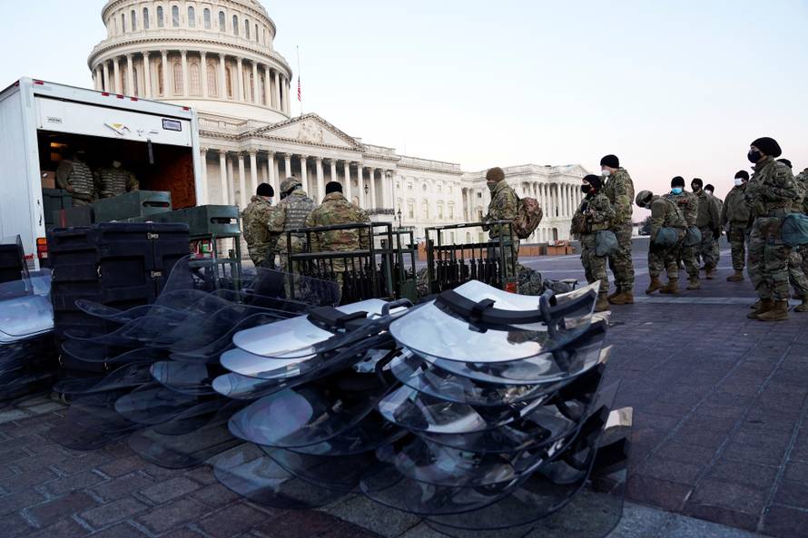 Members of the National Guard gather at the U.S. Capitol in Washington