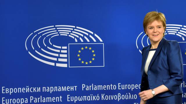 Scotland's First Minister Sturgeon is welcomed by EP President Schulz ahead of a meeting at the EP in Brussels