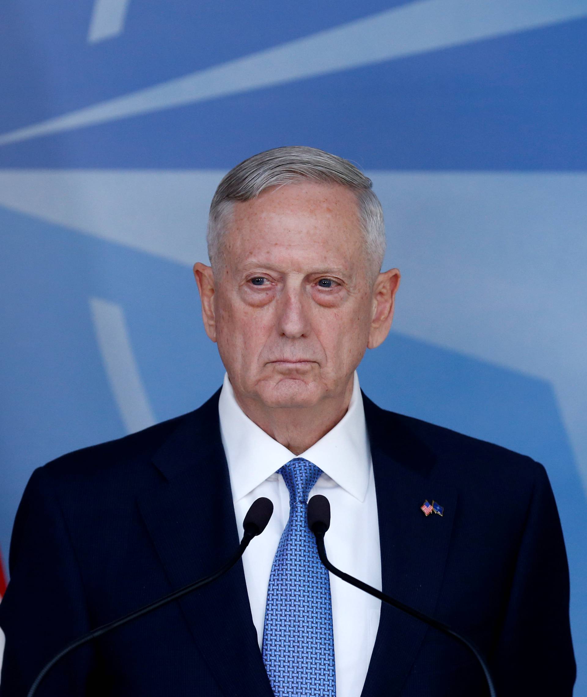 U.S. Defence Secretary Jim Mattis briefs the media during a NATO defence ministers meeting at the Alliance's headquarters in Brussels