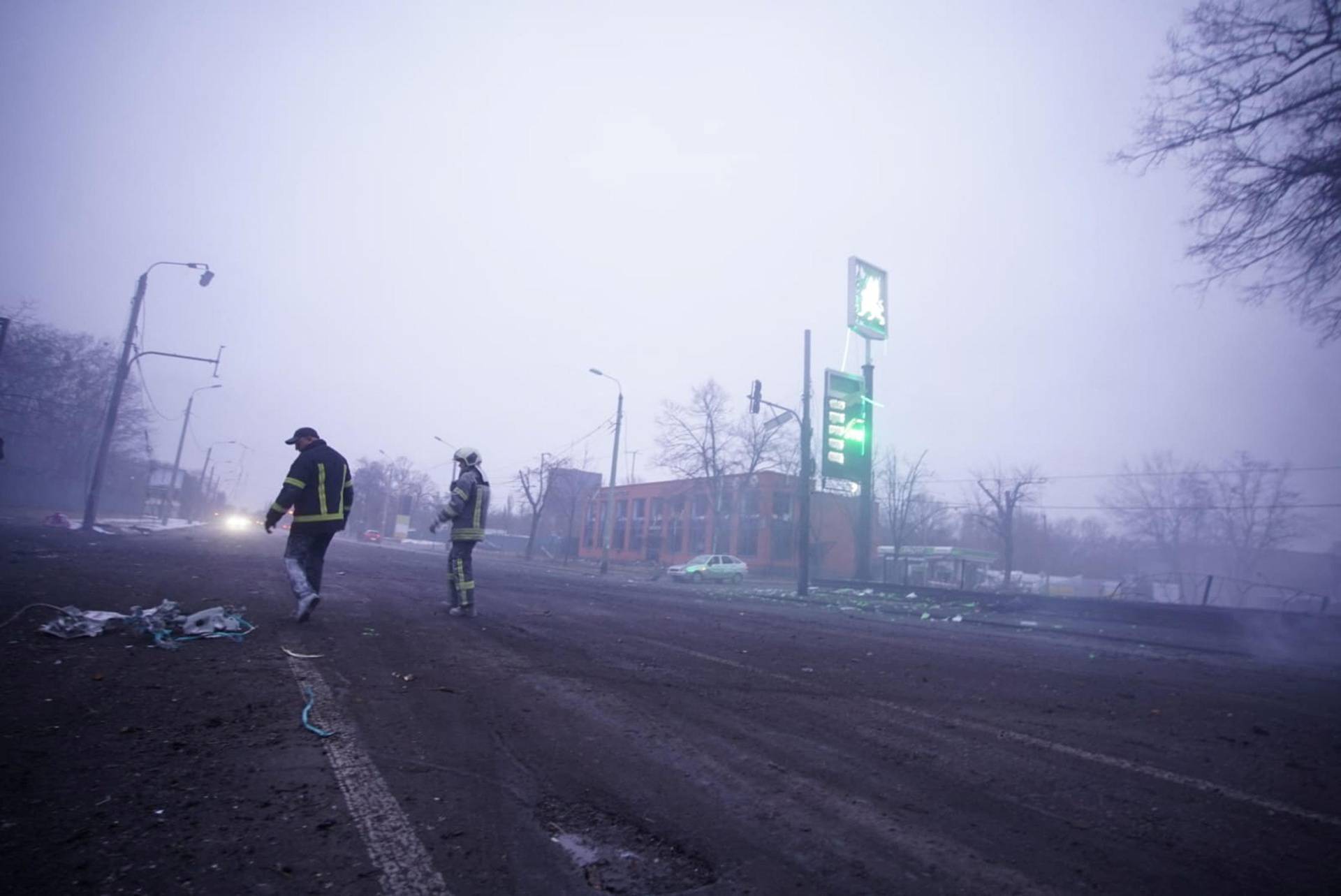 A view shows an affected area following an attack on a television tower in Kyiv