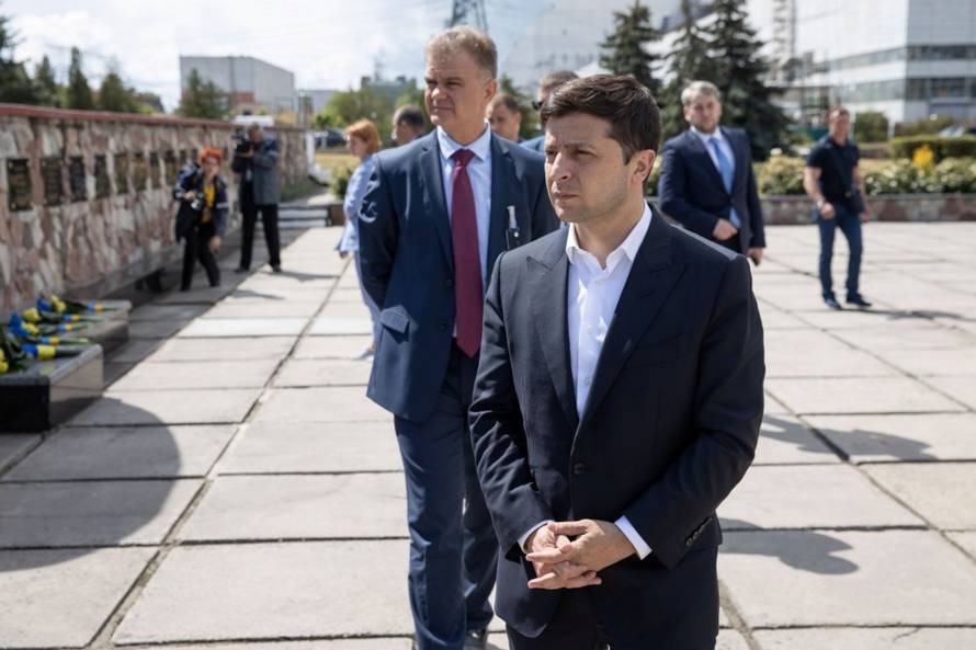 Ukraine's President Zelenskiy attends a ceremony putting the New Safe Confinement over the fourth block of a nuclear power plant into service in Chernobyl