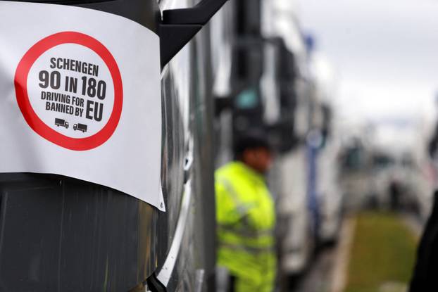 Protest by truck drivers and transport union representatives over disruptions linked to the European Union's new Entry-Exit System, in Gevgelija