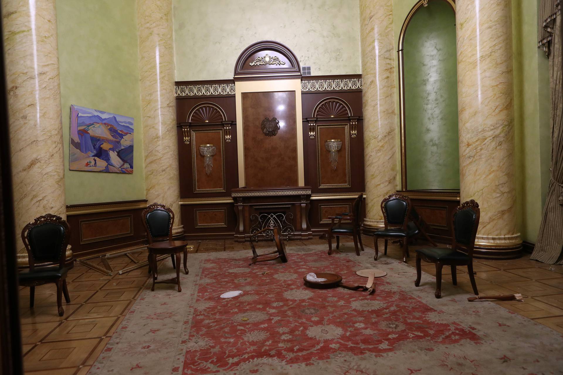A view of the damaged interior after people stormed the government house in Yerevan