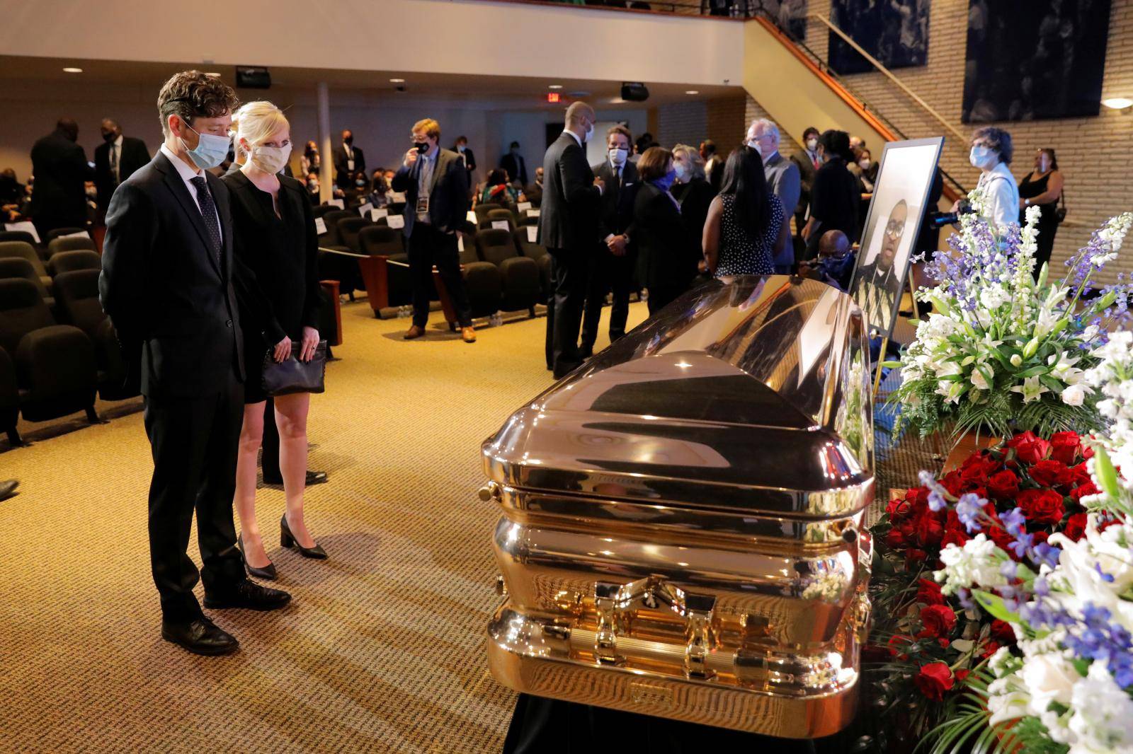 Minneapolis Mayor Jacob Frey pays respect during a memorial service for George Floyd following his death in Minneapolis police custody, in Minneapolis, in Minneapolis