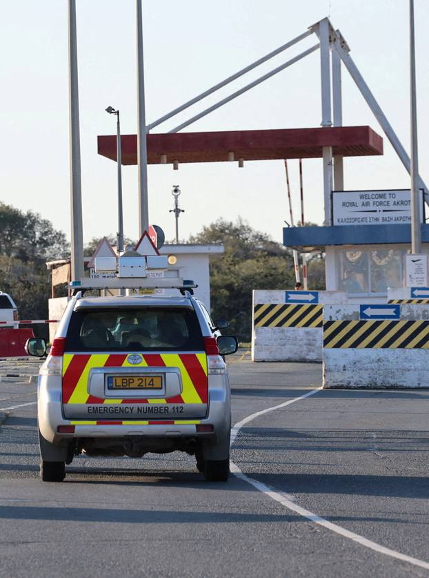 The entrance of RAF Akrotiri, a British sovereign base in Cyprus, which was hit by an unmanned drone overnight, causing limited damage